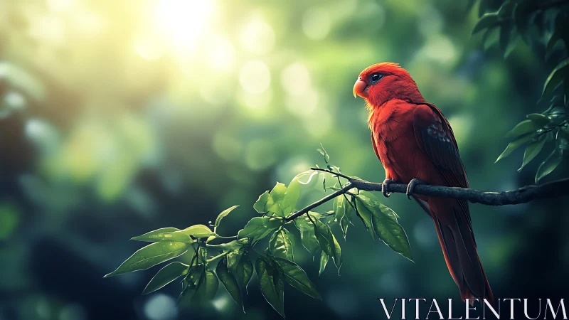 Vibrant red bird perched on leafy branch in sunlit forest scene.