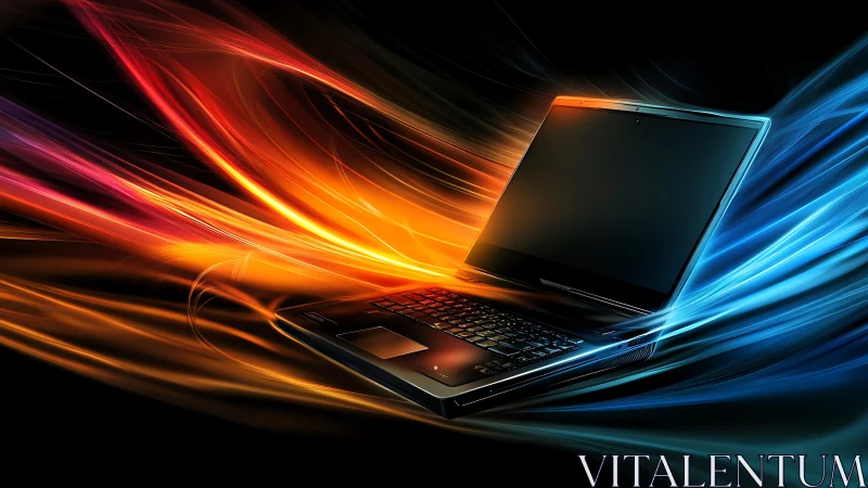 Laptop with dynamic light trails on black background.