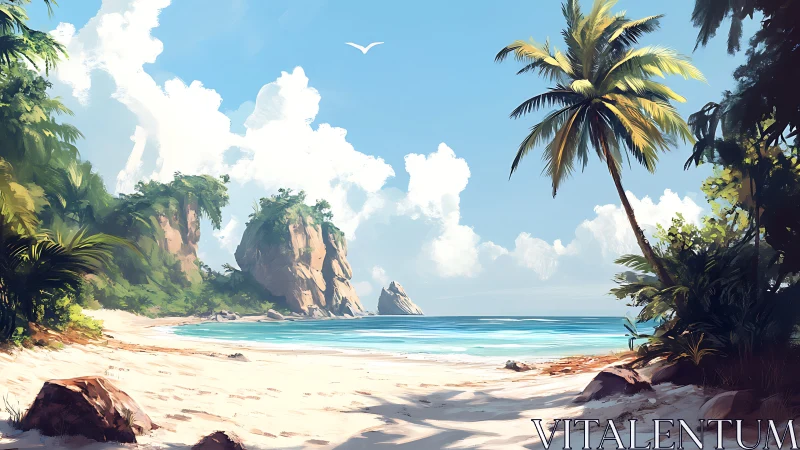 Tropical Island Beach with Rocky Cliffs.