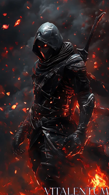 Hooded fire warrior strides through swirling embers and smoke