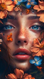 Digital portrait with hyperreal florals and dewy skin rendering.