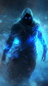 Hooded specter strides through electric blue cosmic flames.