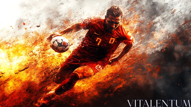 Dynamic digital art of soccer player in fiery motion.