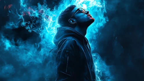 Neon smoke dreamer gazing into electric blue midnight skies.