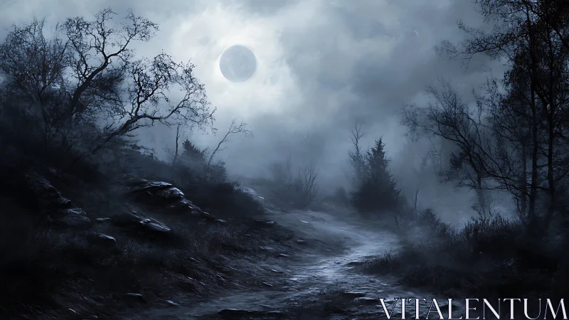 Moonlit forest path under fog with bare winter trees.