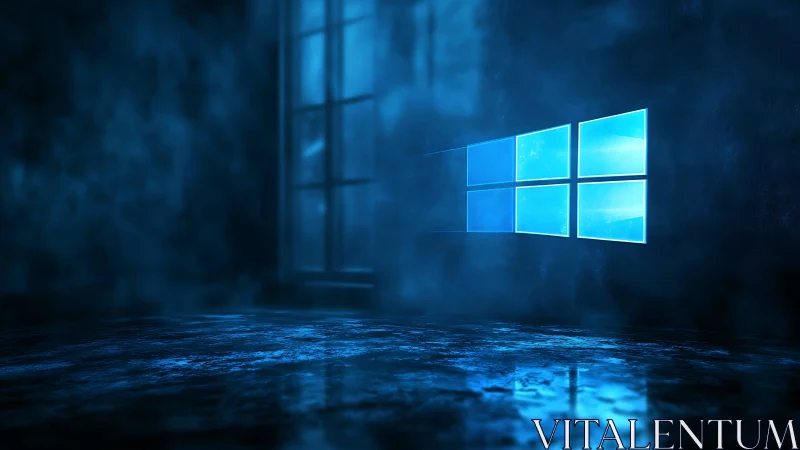 Glowing blue window logo in moody reflective space.