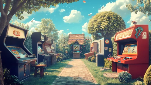 Arcade machine garden corridor under nostalgic summer daylight.