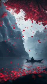 Solitary boat adrift beneath scarlet falling dreams.