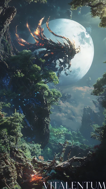 Lunar forest dragon over bioluminescent cliffs at night.