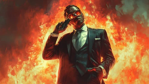 Spy in Flames: Stylish Agent Amid Inferno.