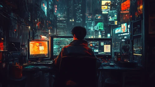 Hacker monitors data streams in neon lit cyberpunk city