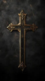 Ornate metallic cross on dark textured surface background.