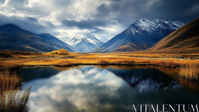 High-contrast alpine basin with mirrored snow peaks and reeds