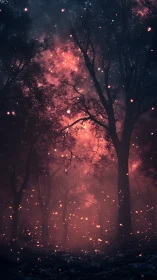 Enchanted night forest glows softly under drifting embers