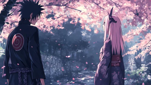 Two anime figures under cherry blossoms on forest path.