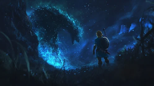 Starlit warrior confronts a tidal beast of living moonfire.