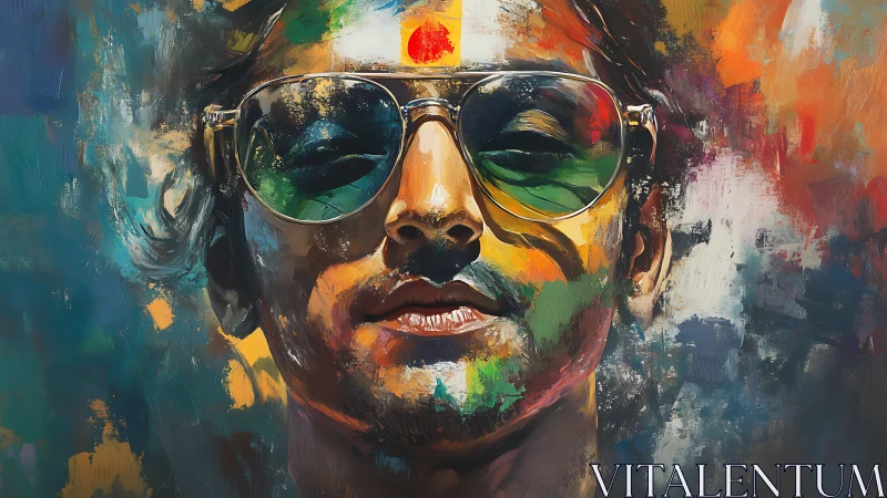 Vibrant male portrait with reflective aviators and textured paint layers