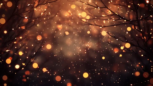 Glowing bokeh lights drift through dark winter branches