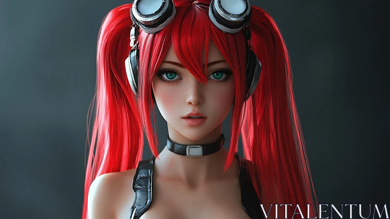 Striking red haired anime girl with headphones and goggles.
