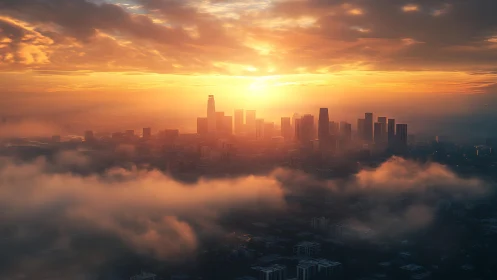 Glowing city skyline welcomes sunrise above drifting clouds