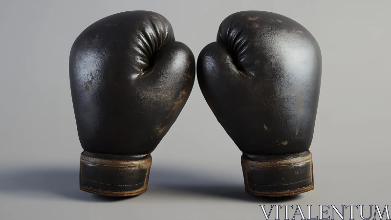 Pair of vintage black leather boxing gloves with aged metallic details