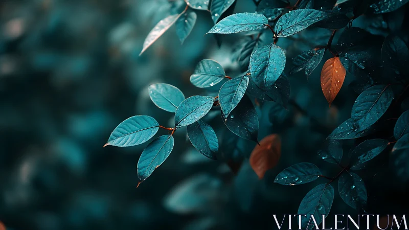 Blue-green foliage with isolated orange leaves and droplets