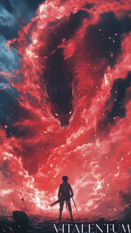 Silhouetted warrior under colossal fiery fox spirit storm.