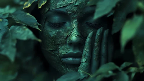 Leaf-covered serene face emerging from dense green foliage.