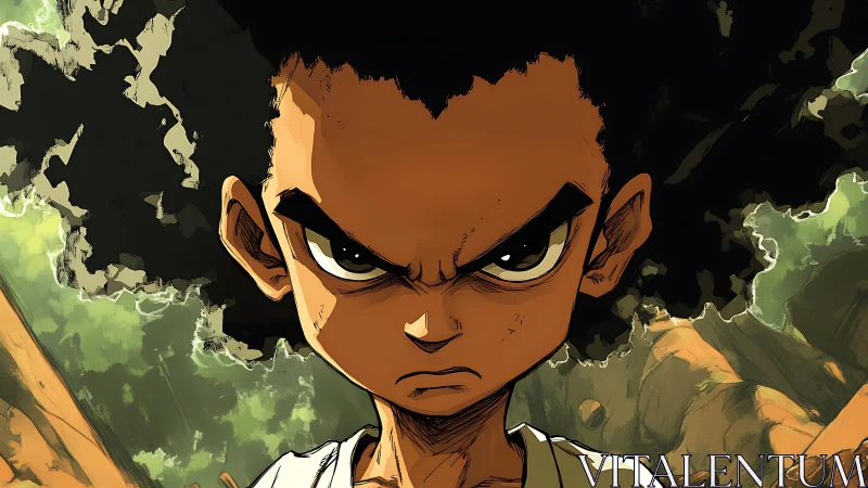 Determined young fighter glares forward in forest clearing