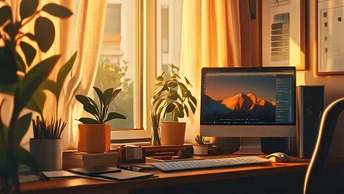 Ergonomic workstation lit by low-angle sunset through window.