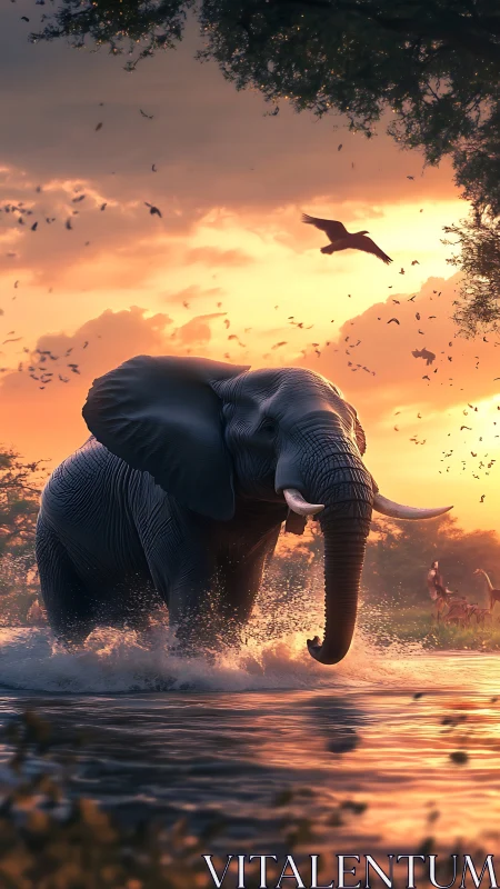 Elephant strides through shallow river at vivid sunset light
