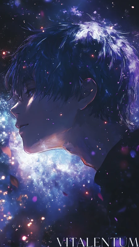 Starlit profile portrait with cosmic blue luminescent hair.