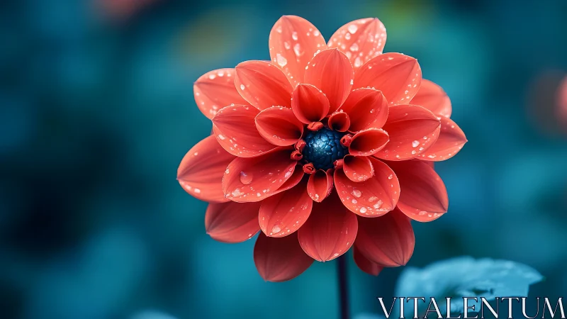 Red Dahlia with Dew Drops Against Teal Background