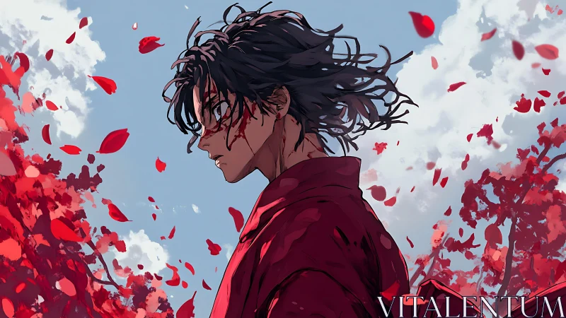 Stoic anime warrior in red among swirling petals.