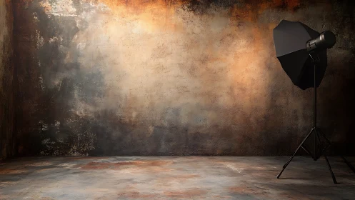 Studio strobe with umbrella stands in textured corner space