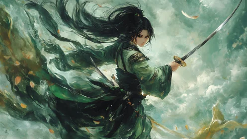 Sword-wielding figure in green robes amid swirling clouds.