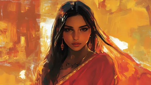Portrait of woman in red sari with luminous ochre bokeh.