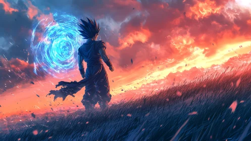 Celestial warrior before swirling blue portal at burning horizon