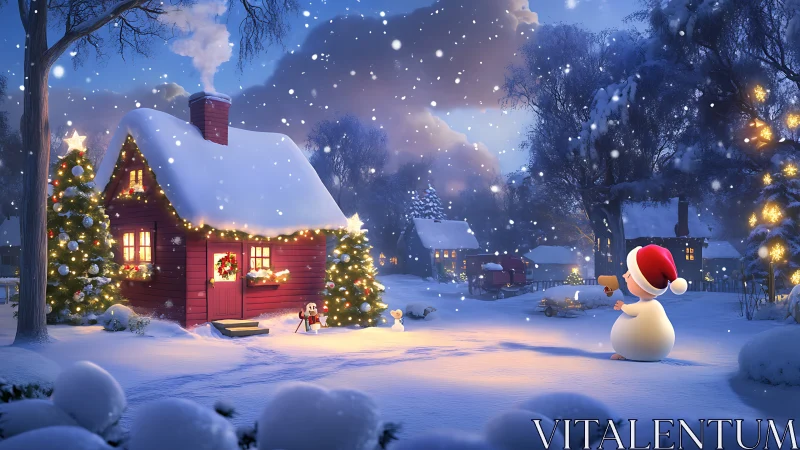 Snowy cottage glows warmly as playful snowman toasts night