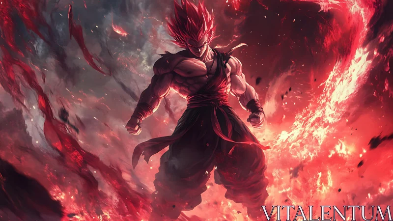 Fiery warrior ascends amid swirling crimson inferno storm.