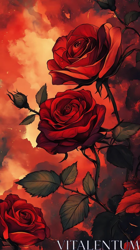 Blazing Roses in Fiery Skies. Digital Fantasy Floral.