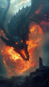 Fire dragon looms over lone cloaked warrior on rocky ridge