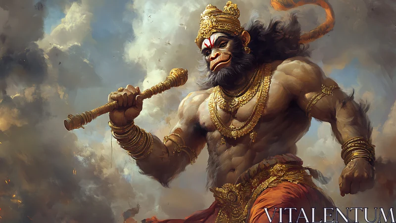 Mythic warrior monkey god strides through stormy sky
