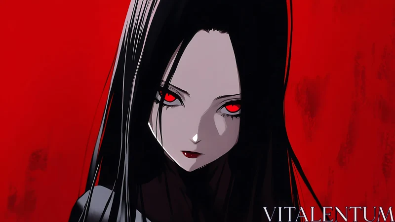 Dark anime girl stares forward against a vivid blood-red void