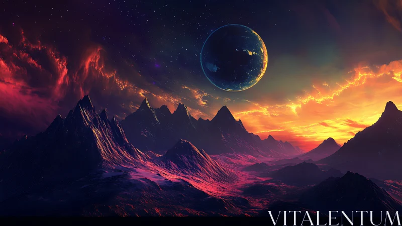 Distant planet above illuminated alien mountain landscape.