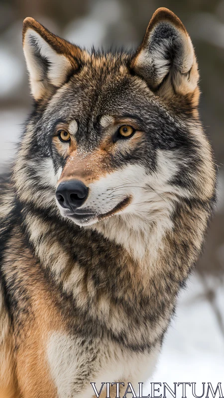 Golden-eyed wolf gazes calmly across a quiet winter forest