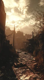 Sunburned ruins exhale dusk light down a broken alleyway