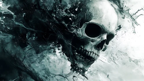 Haunting skull spirit swirling through shadowy storm clouds.