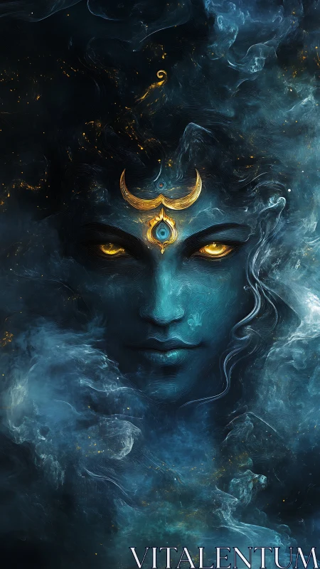 Celestial teal goddess portrait in swirling cosmic nebula veil