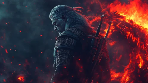 White-haired warrior strides through swirling inferno. Firestorm.